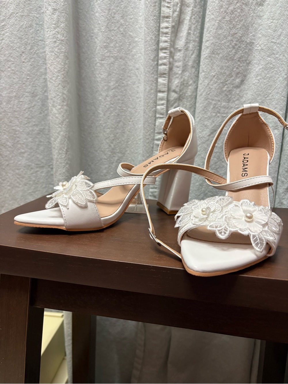 Adams White Floral Lace Ankle-Strap Block Heels